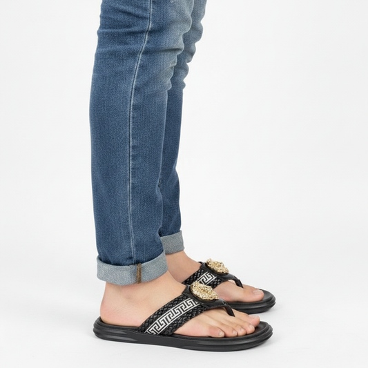 Footmaxldn Lion Head Flip Flops – Men's Luxury Leather Thong Sandals