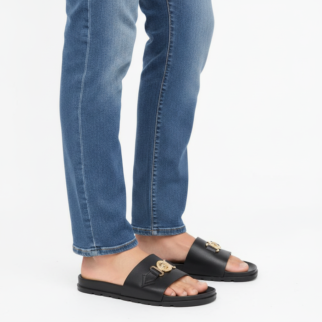 Men's Genuine Leather Slides with Gold Medallion Hardware – footmaxldn